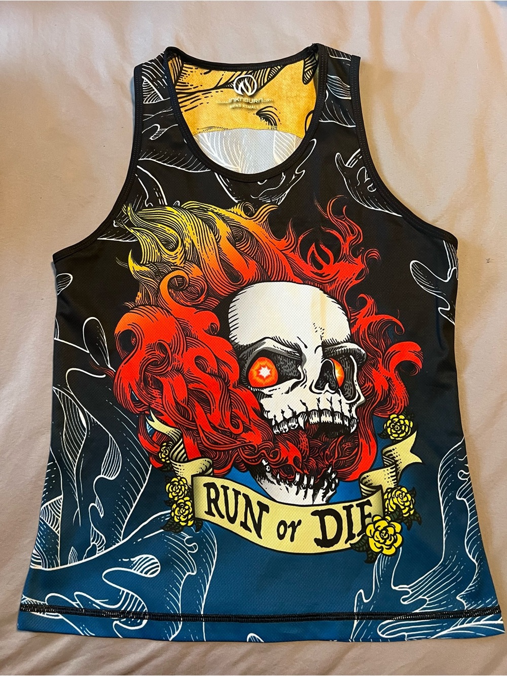 INKnBURN Men’s Black Tank Top with Red, Orange, Yellow & Blue Skull Graphic